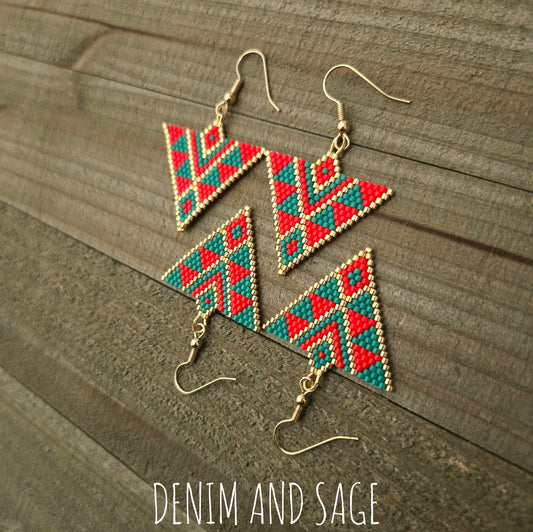 Red and green triangle beaded earrings