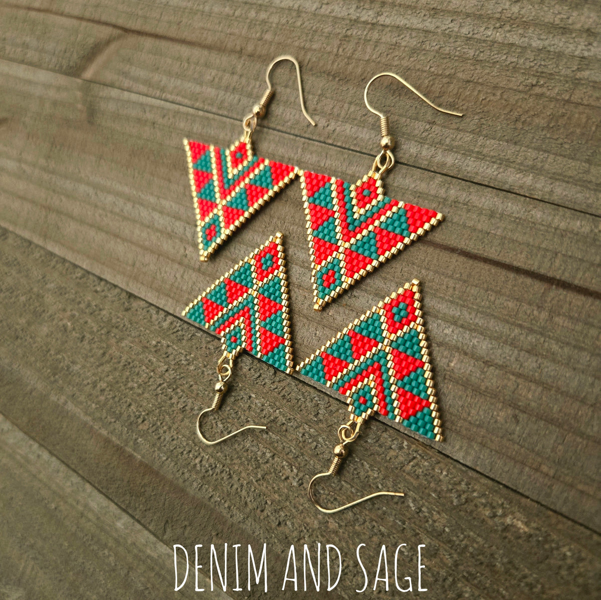 Red and green triangle beaded earrings