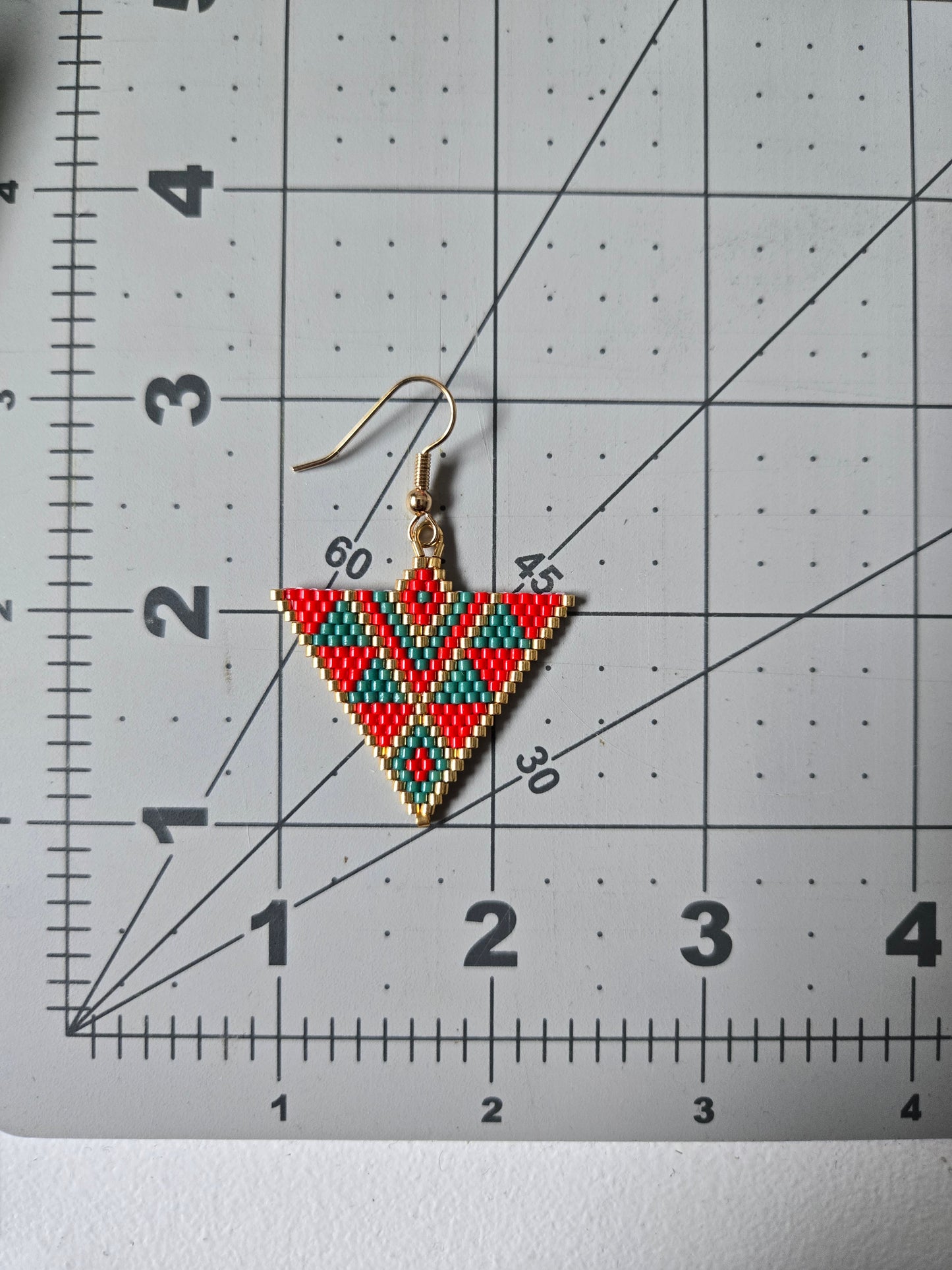 Red and green triangle beaded earrings