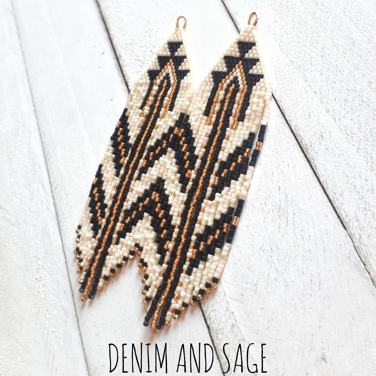 Gold, matte black and cream beaded earrings