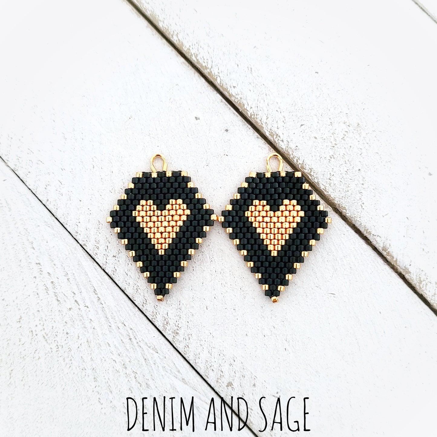 Matte black and gold heart beaded earrings