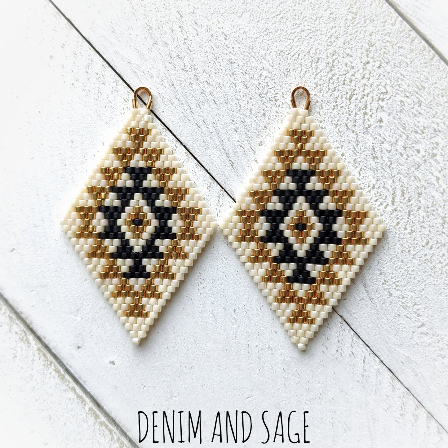Cream, matte black and gold double diamond beaded earrings