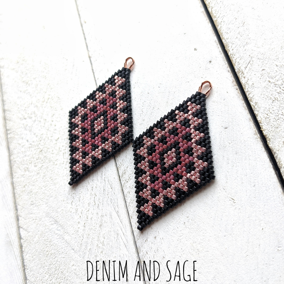 Matte black and rose gold double diamond beaded earrings