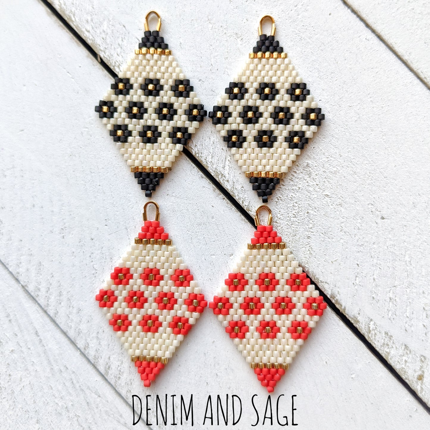 Black or red flower beaded delica earrings