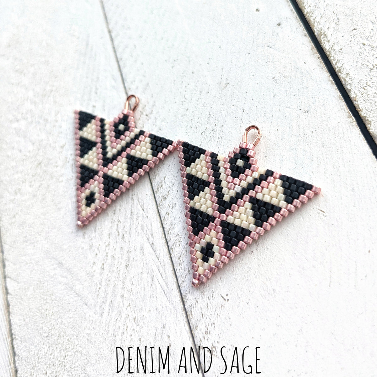 Cream, matte black and rose gold triangle beaded earrings