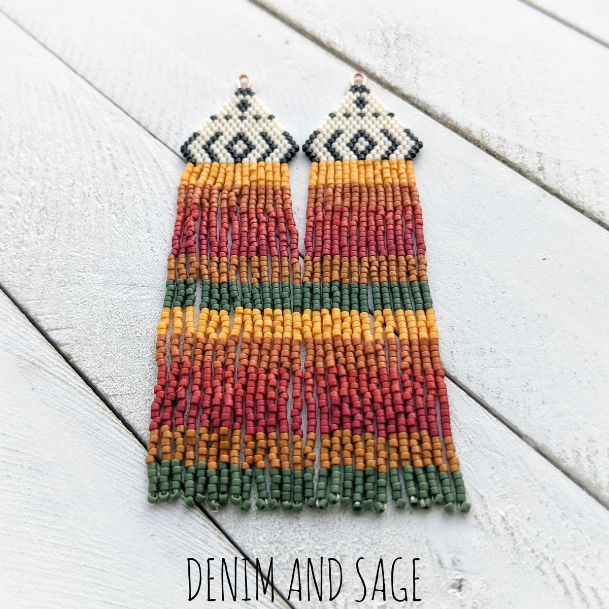 Black, cream, rusty geeen beaded earrings
