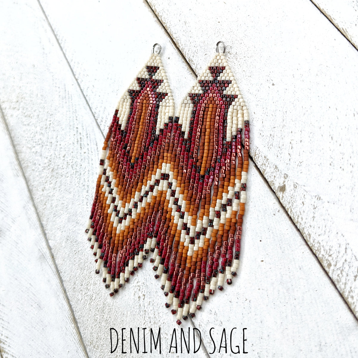 Dark red, burnt orange and cream beaded earrings