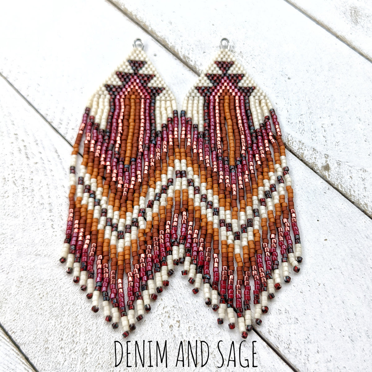 Dark red, burnt orange and cream beaded earrings
