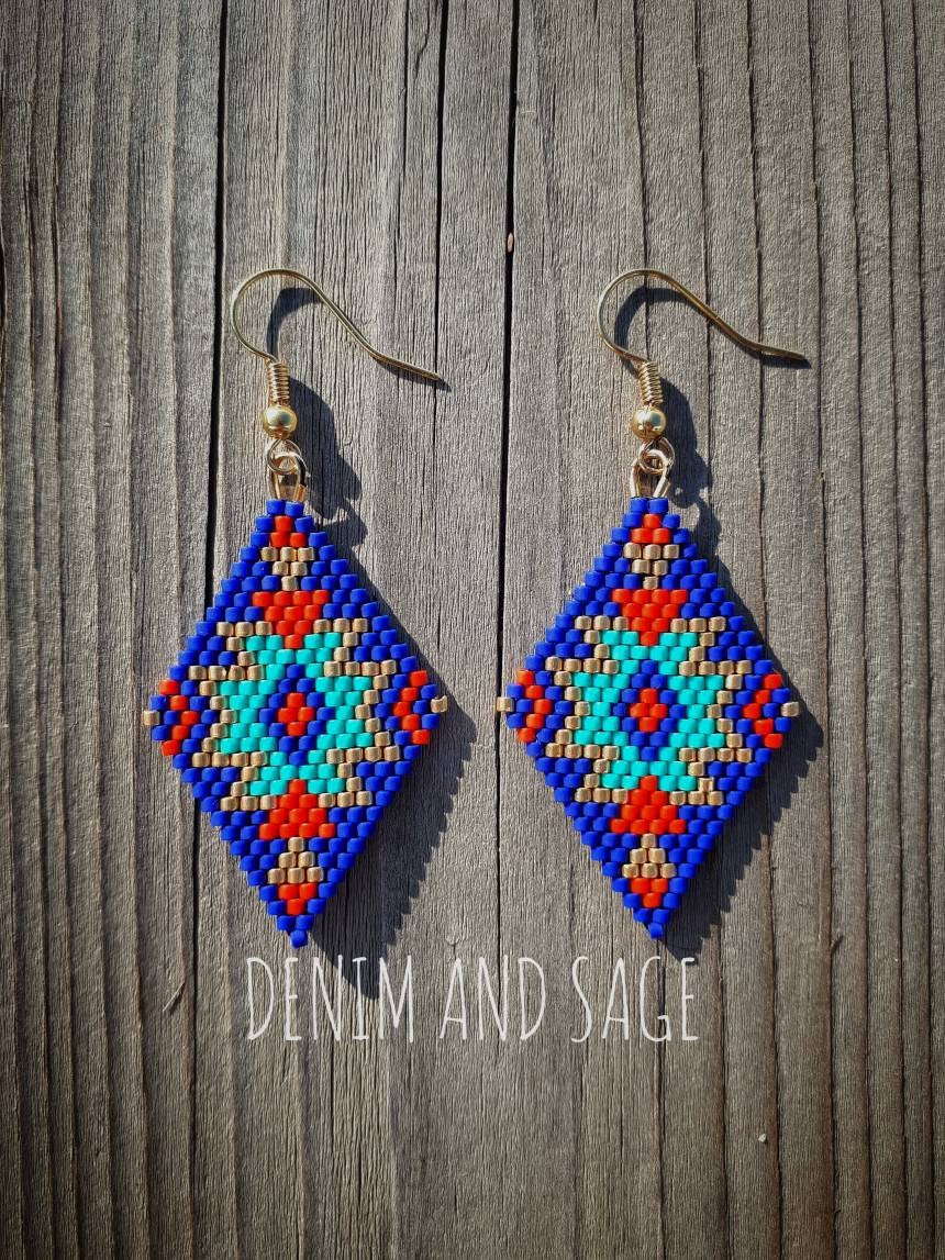 Blue, gold and red beaded delica earrings
