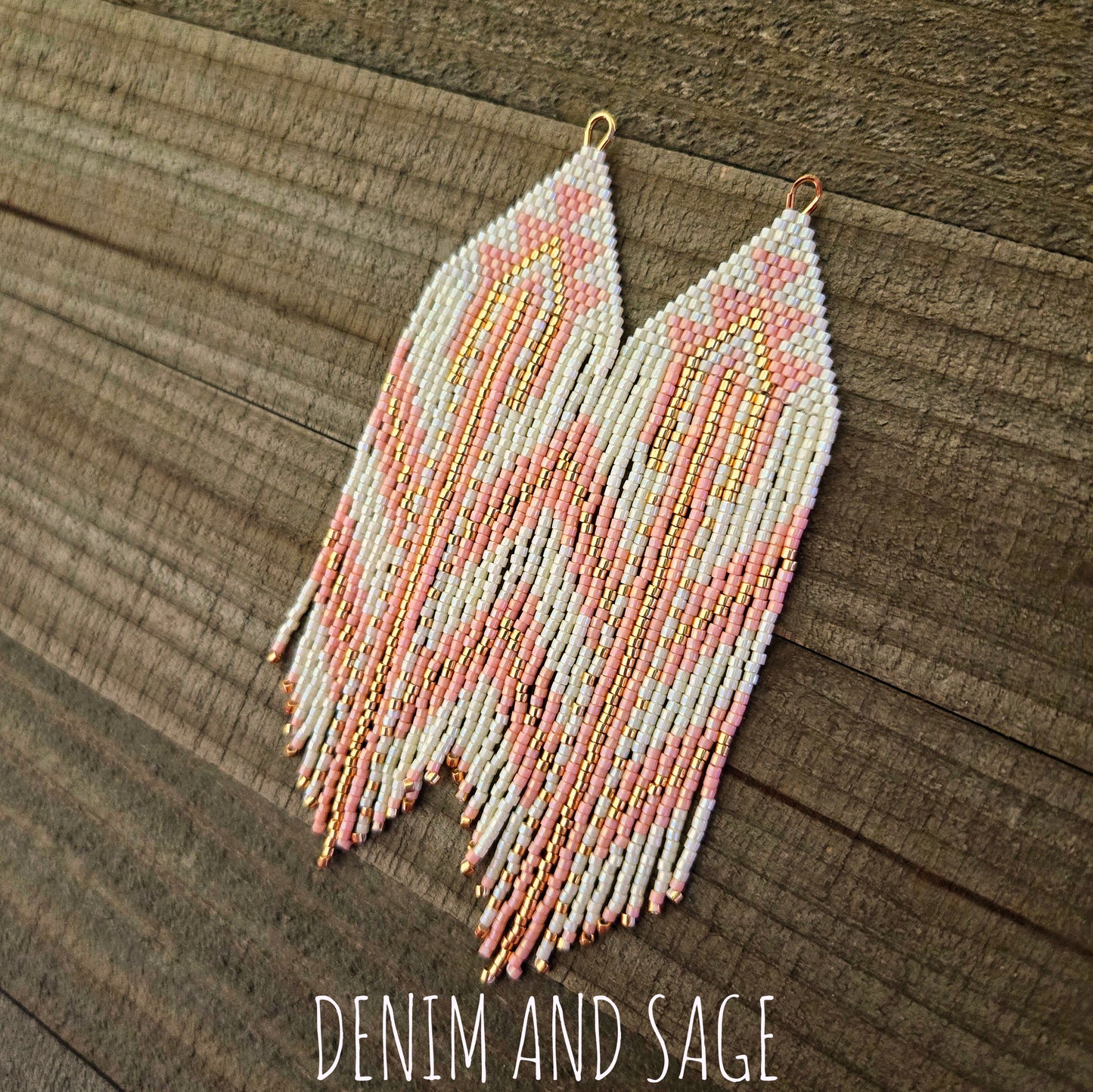 Gold, pink and cream beaded earrings