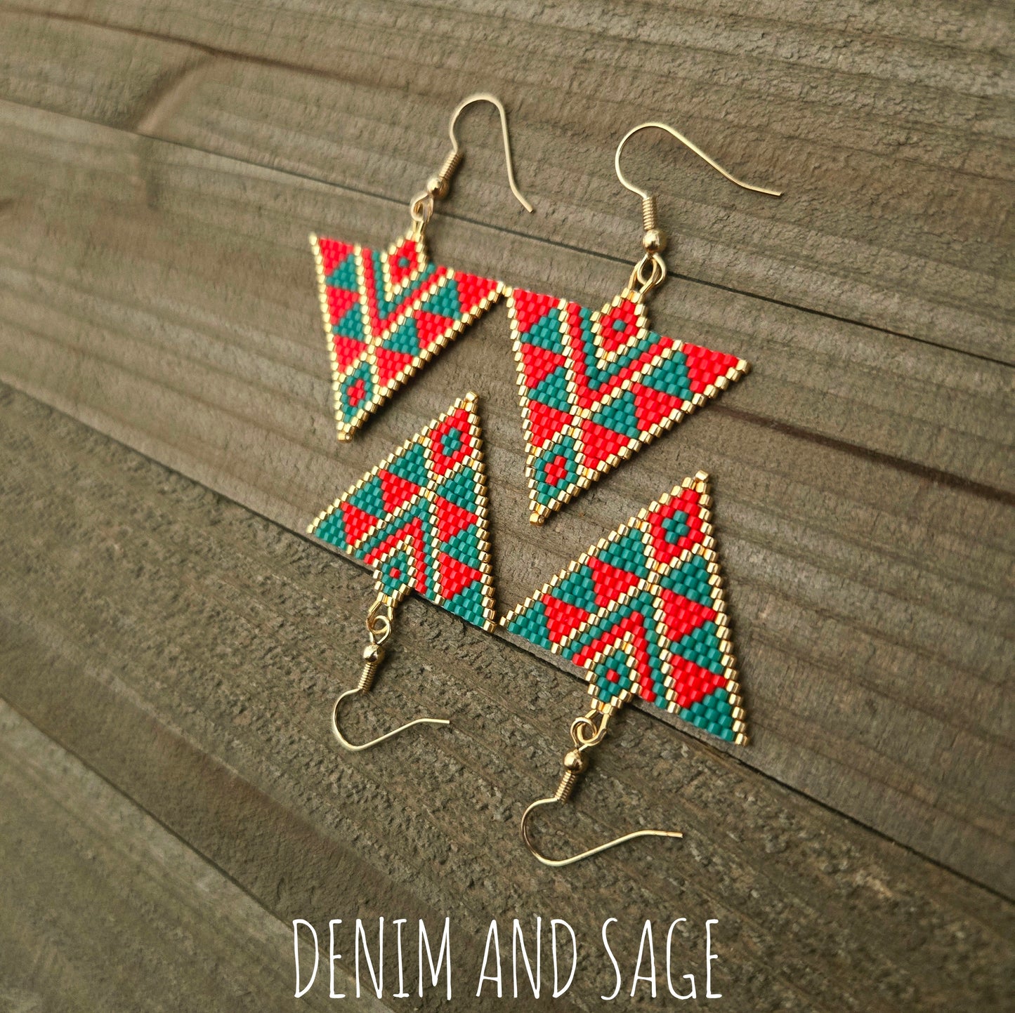 Red and green triangle beaded earrings