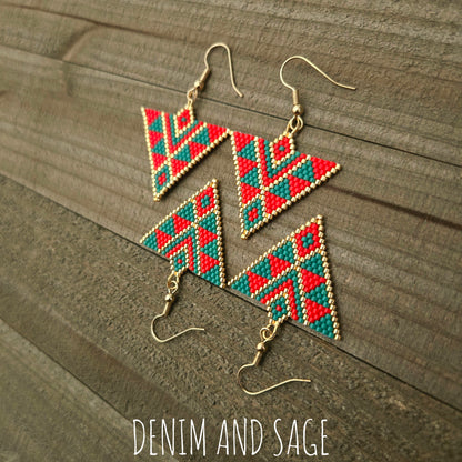 Green and red triangle beaded earrings