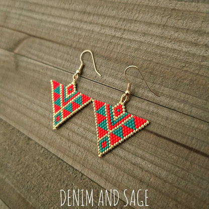 Red and green triangle beaded earrings