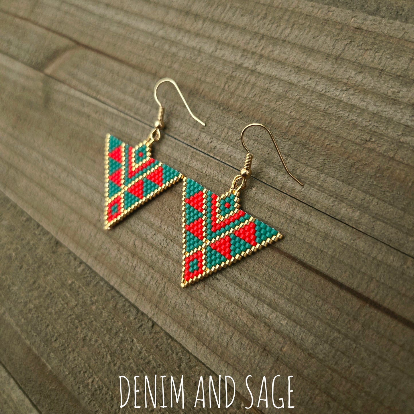Green and red triangle beaded earrings