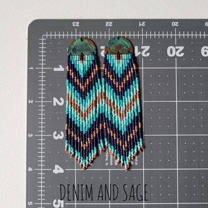 Patina copper blue beaded earrings
