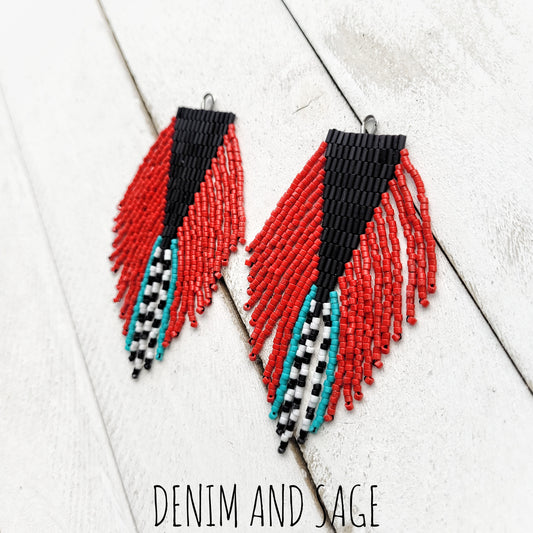 Black, turquoise, red and white beaded earrings
