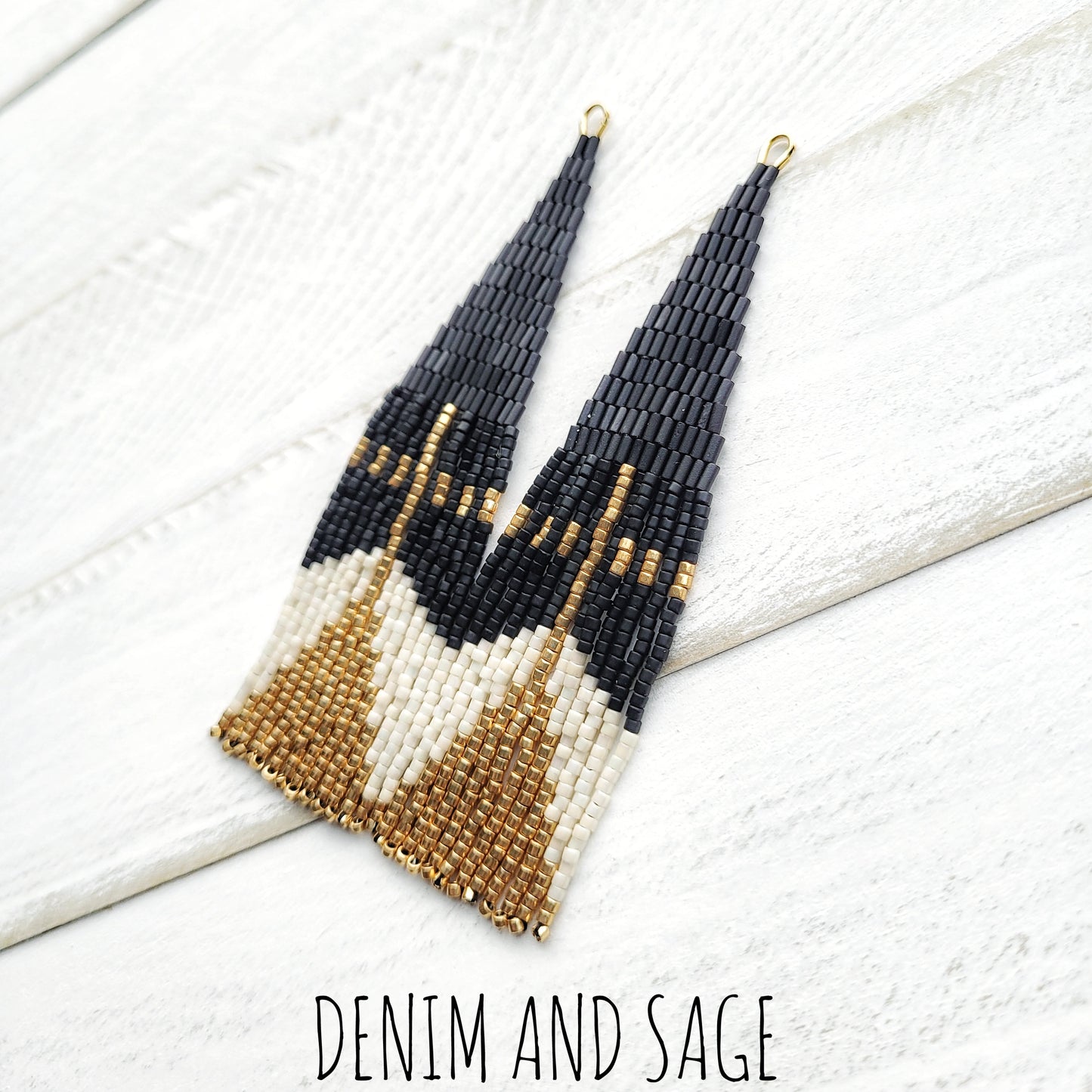 Black, cream and gold beaded earrings
