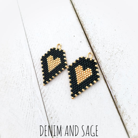 Matte black and gold heart beaded earrings