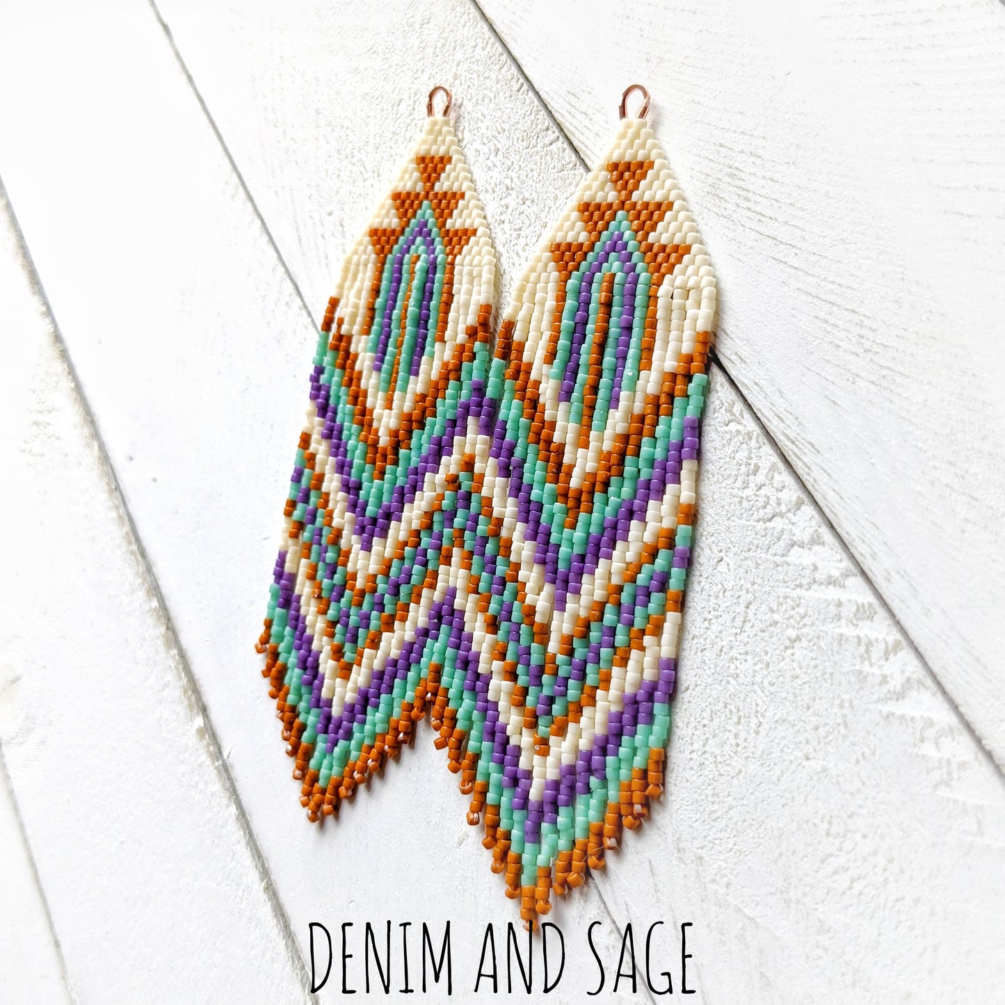 Burnt orange, purple, green and cream beaded fringe earrings