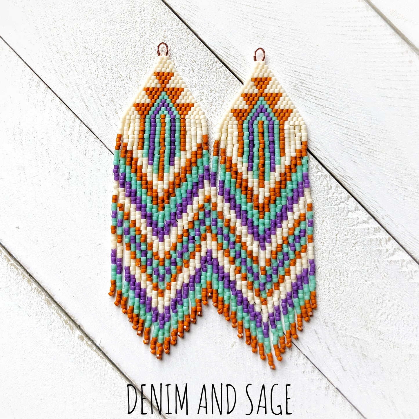 Burnt orange, purple, green and cream beaded fringe earrings