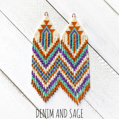 Burnt orange, purple, green and cream beaded fringe earrings