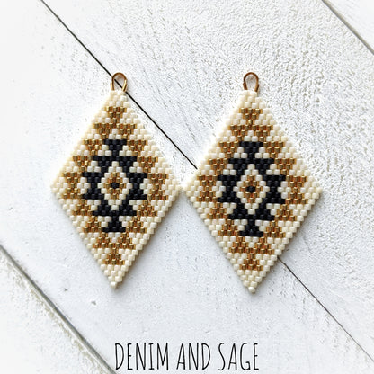 Cream, matte black and gold double diamond beaded earrings