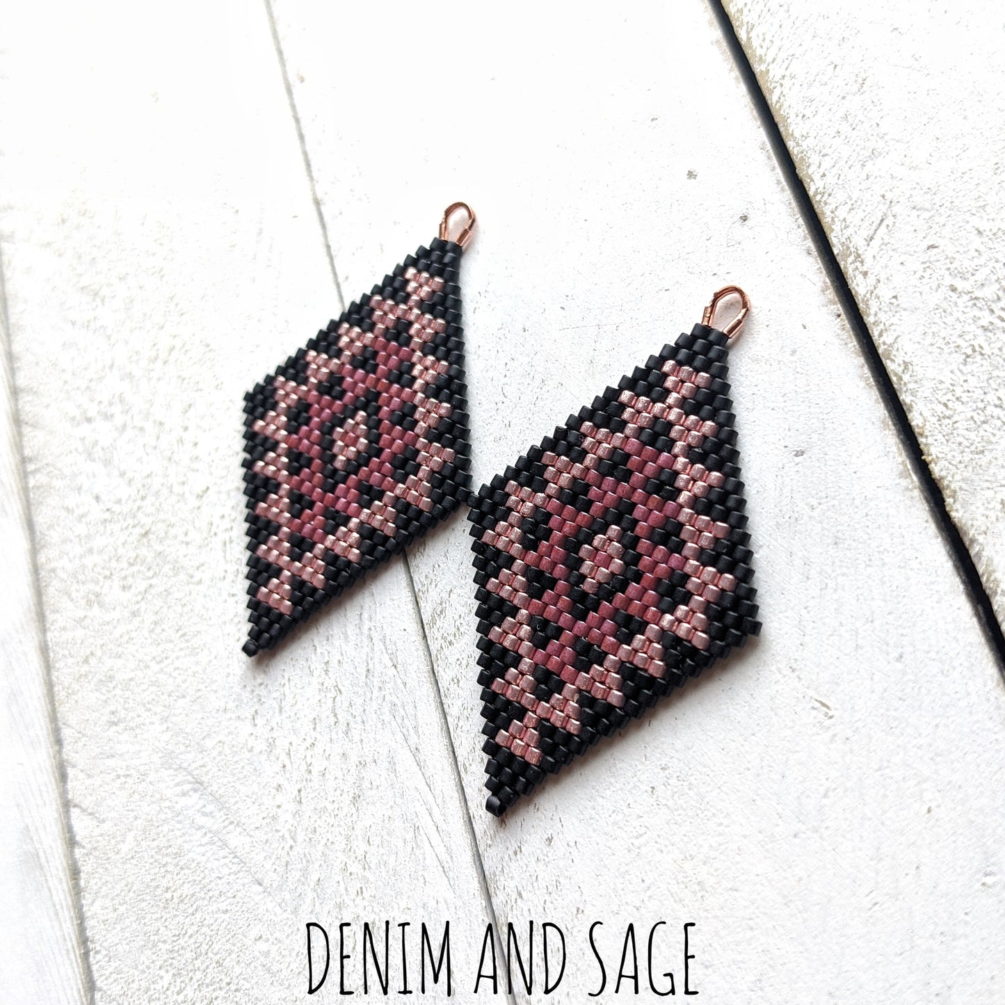 Matte black and rose gold double diamond beaded earrings