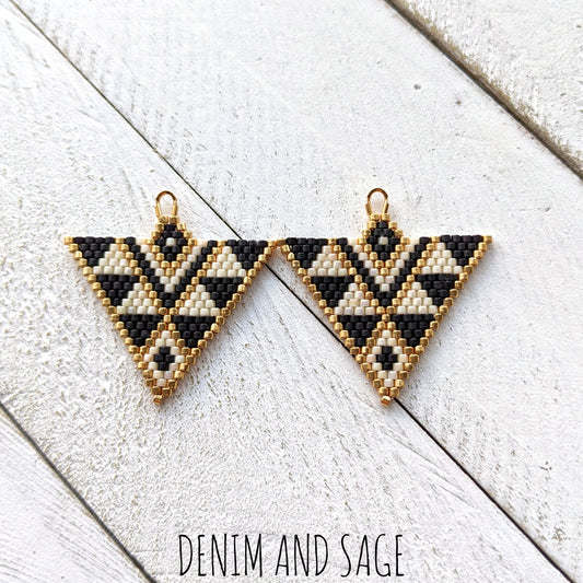 Cream, matte black and gold triangle beaded earrings