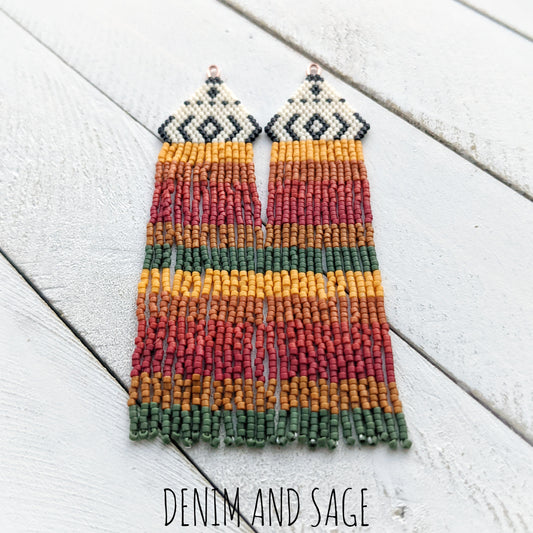 Black, cream, rusty geeen beaded earrings