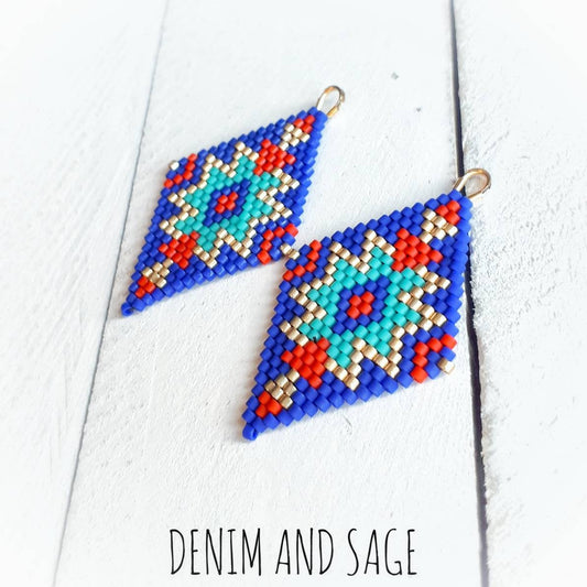 Blue, gold and red beaded delica earrings